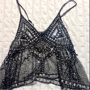Black Beaded Sheer Tank Top